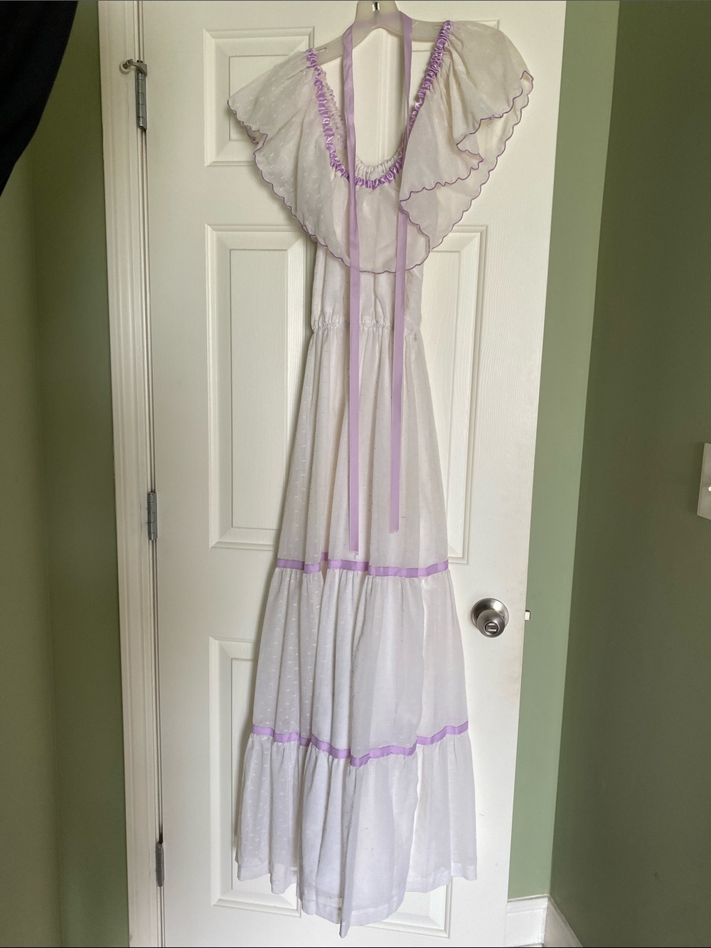 White Maxi Ruffle Dress with Lavender Trim